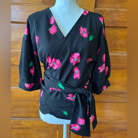 Zara Tops - Zara black and pink floral wrap blouse